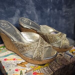 Guess Gold and Silver Wedge Sandals